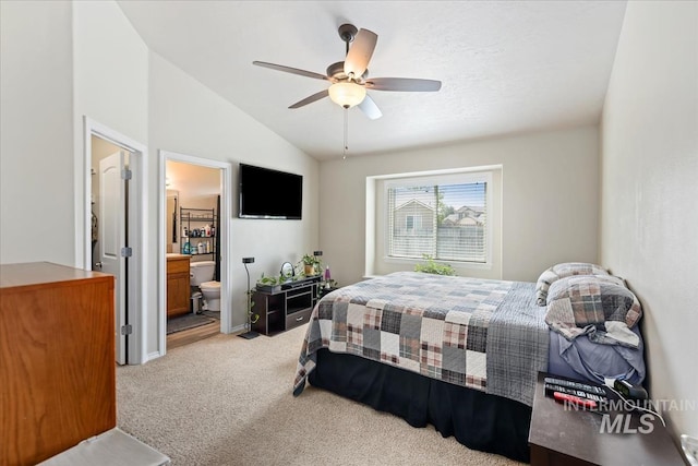 3918 Fallwood Cir, Caldwell, ID 83607 - bedroom featuring carpet flooring, lofted ceiling, a ceiling fan, and connected bathroom