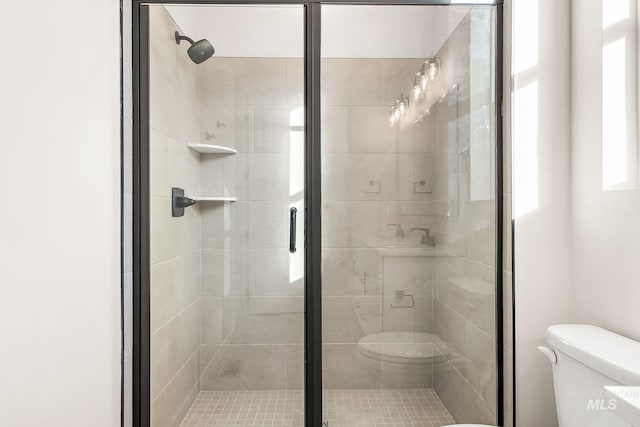 bathroom with a shower stall and toilet