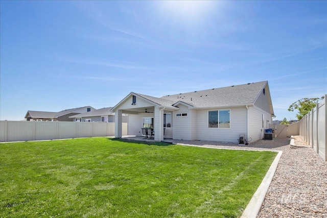 11638 W Quintale Dr, Nampa, ID 83686 - rear view of property with ceiling fan, a patio, central air condition unit, and a shingled roof