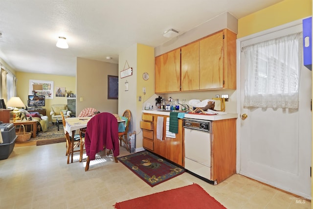 kitchen featuring white dishwasher, open floor plan, light countertops, and light floors