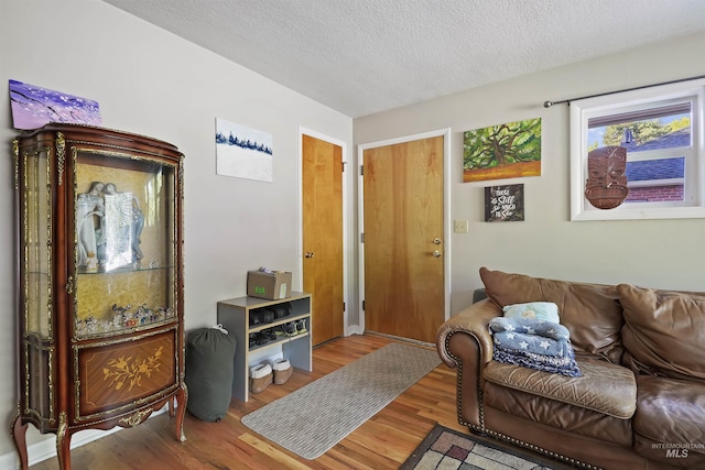 living room featuring a textured ceiling and wood finished floors