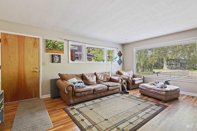living room featuring light wood-style flooring, a textured ceiling, and baseboards