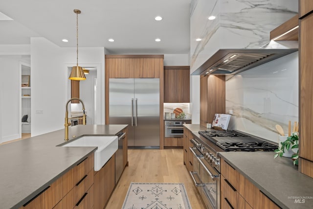 kitchen with extractor fan, high end appliances, modern cabinets, and a sink