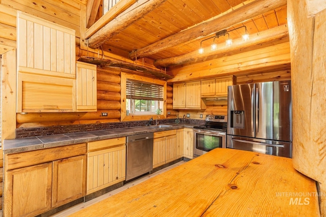 kitchen featuring beamed ceiling, wood ceiling, appliances with stainless steel finishes, and rustic walls