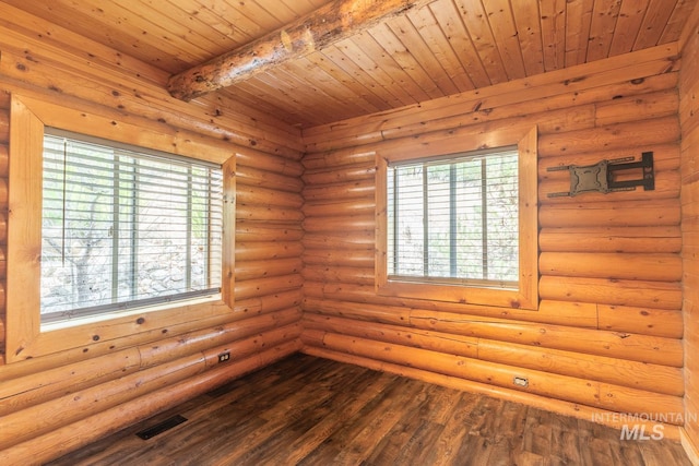 empty room featuring wood ceiling, beamed ceiling, wood finished floors, and visible vents