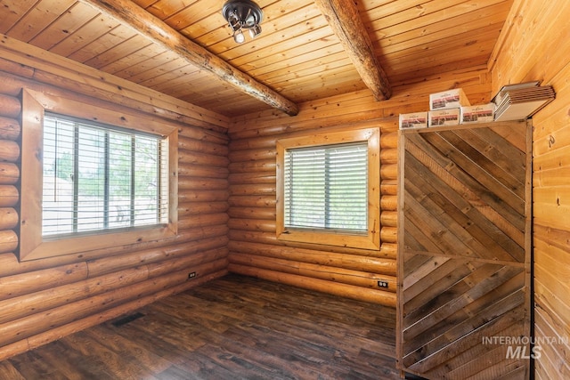 unfurnished room with dark wood-style floors, rustic walls, wooden ceiling, and beam ceiling