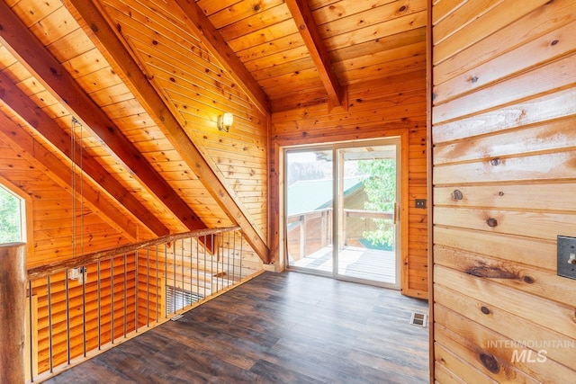 interior space with wooden walls, visible vents, wooden ceiling, dark wood-style floors, and vaulted ceiling with beams