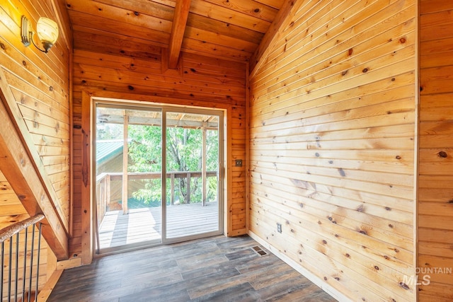 entryway featuring vaulted ceiling with beams, wood ceiling, wooden walls, and dark wood finished floors