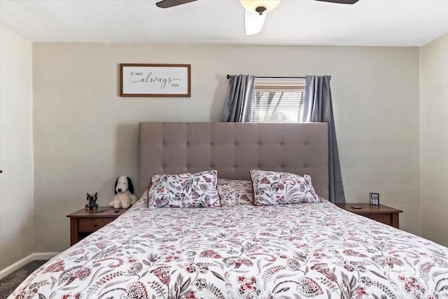 bedroom featuring carpet flooring, baseboards, and ceiling fan