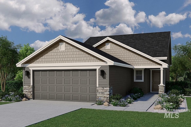 1574 Witt, Mountain Home, ID 83647 - craftsman-style house with an attached garage, stone siding, concrete driveway, and a front yard