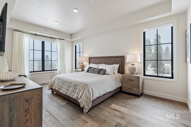 bedroom featuring multiple windows and hardwood / wood-style floors