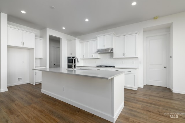 kitchen with white cabinetry and a kitchen island with sink