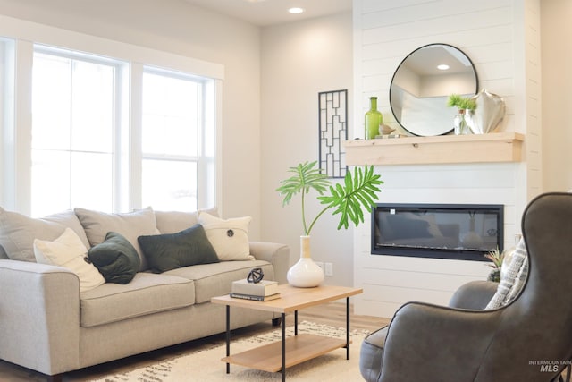 living room featuring hardwood / wood-style flooring and a large fireplace