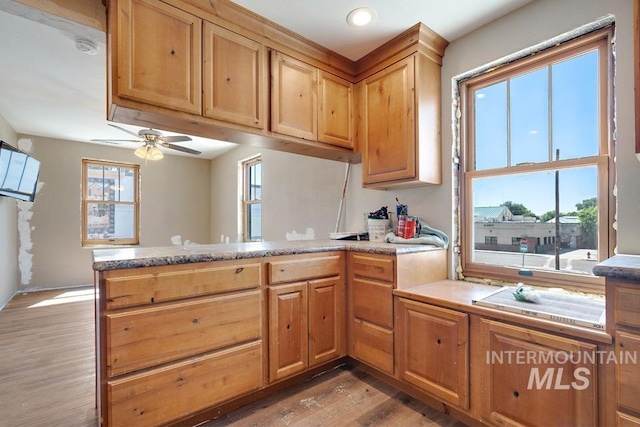 201 W A St, Vale, OR 97918 - kitchen featuring a peninsula, light wood-style flooring, a ceiling fan, and recessed lighting