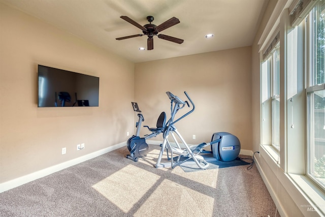 workout room with ceiling fan and carpet floors