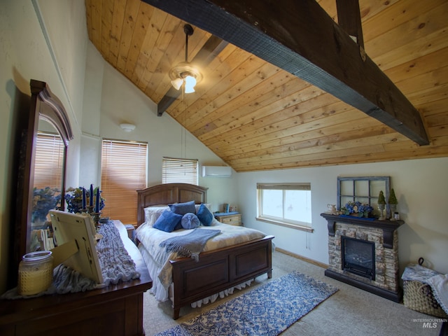 27 Park Ln, Boise, ID 83716 - carpeted bedroom featuring a wall mounted air conditioner, a wood ceiling with exposed beams, high vaulted ceiling, and a stone fireplace