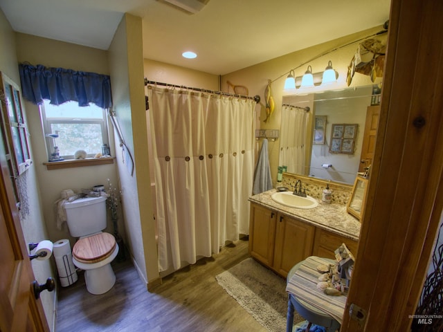 27 Park Ln, Boise, ID 83716 - full bathroom with wood finished floors, vanity, a shower with curtain, and recessed lighting