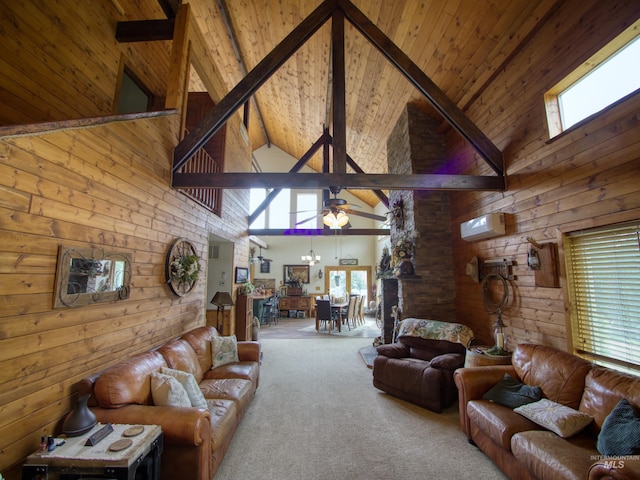 27 Park Ln, Boise, ID 83716 - carpeted living area with high vaulted ceiling, plenty of natural light, wooden walls, a wood ceiling with exposed beams, and a ceiling fan