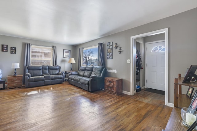 living room with baseboards and wood-type flooring