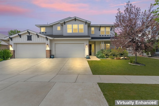 1277 W Whitehall Dr, Meridian, ID 83642 - view of front of property featuring a front lawn, driveway, board and batten siding, brick siding, and an attached garage