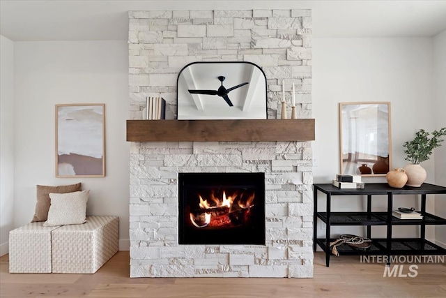 details with a fireplace and wood-type flooring