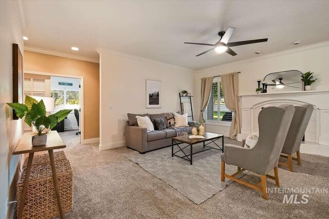 living room with ornamental molding, carpet, and baseboards