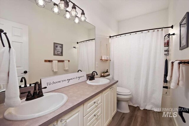 bathroom with double vanity, wood finished floors, a sink, and toilet