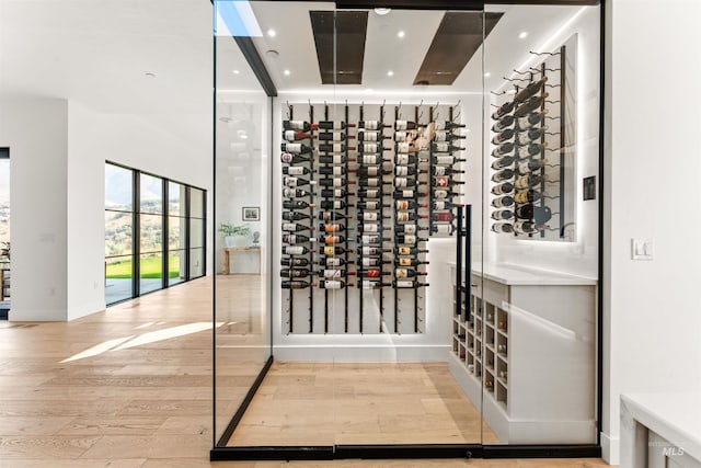 wine cellar with light hardwood / wood-style floors