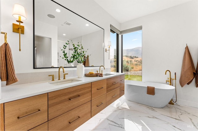 bathroom featuring vanity, a washtub, and a mountain view