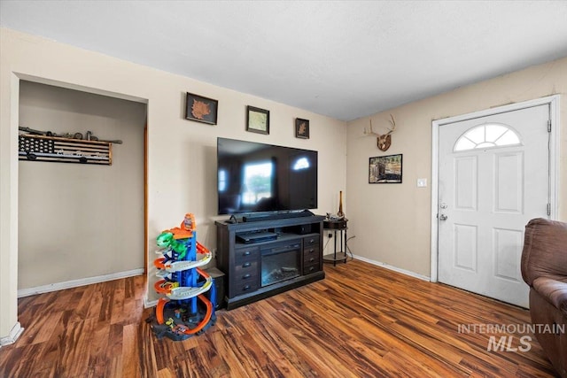 living room with dark hardwood / wood-style flooring