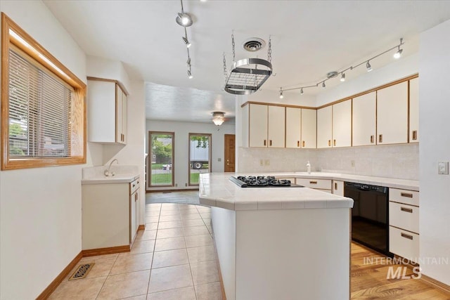 1915 N 23rd St, Boise, ID 83702 - kitchen with dishwasher, tile countertops, gas cooktop, rail lighting, and tasteful backsplash