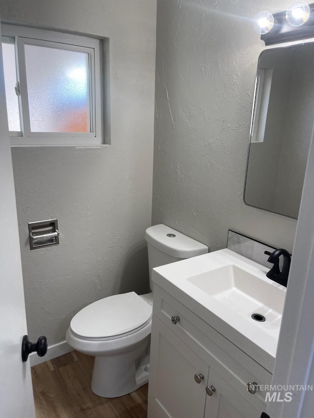 bathroom with vanity, wood-type flooring, and toilet