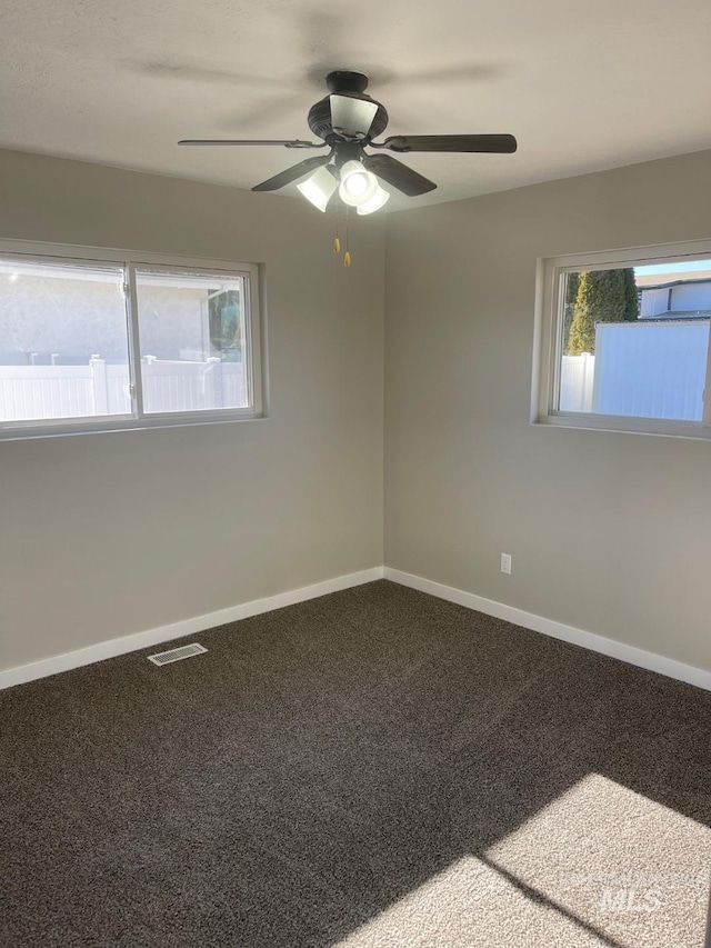 empty room featuring a wealth of natural light, ceiling fan, and carpet