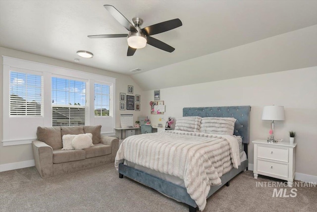 bedroom with carpet floors, ceiling fan, and lofted ceiling