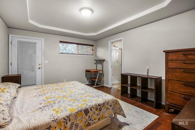 bedroom featuring a raised ceiling and dark wood-type flooring