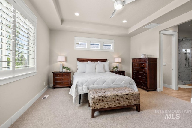 carpeted bedroom featuring visible vents, baseboards, recessed lighting, and ceiling fan