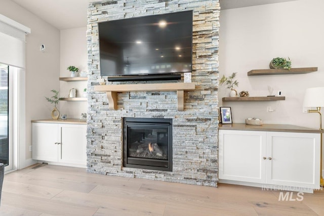 living room featuring light wood-type flooring and a fireplace