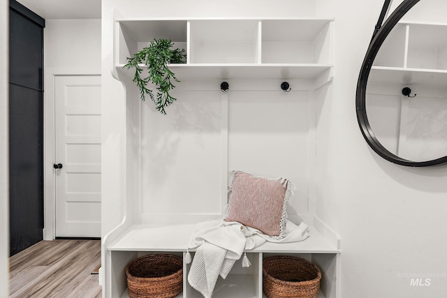 mudroom with light hardwood / wood-style floors