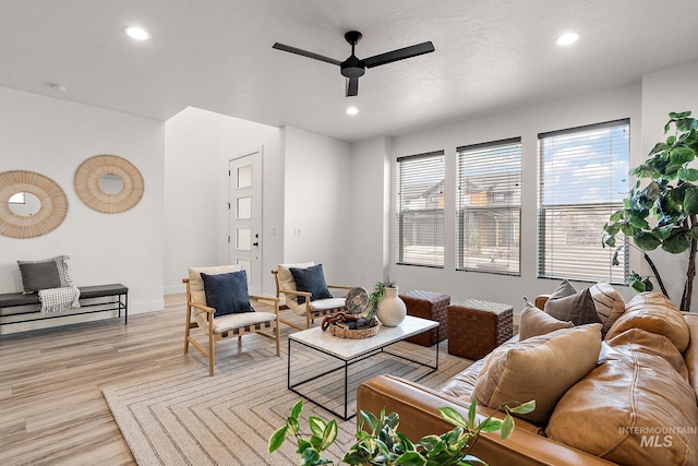 living room featuring ceiling fan and light wood-type flooring