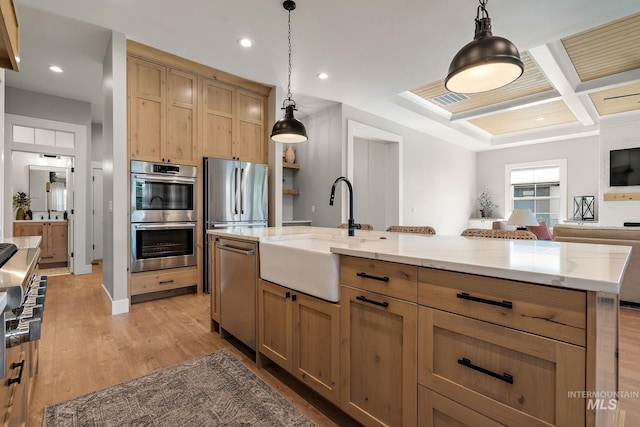 6635 Big Wood Way, Star, ID 83669 - kitchen featuring a sink, appliances with stainless steel finishes, light stone countertops, light wood finished floors, and decorative light fixtures
