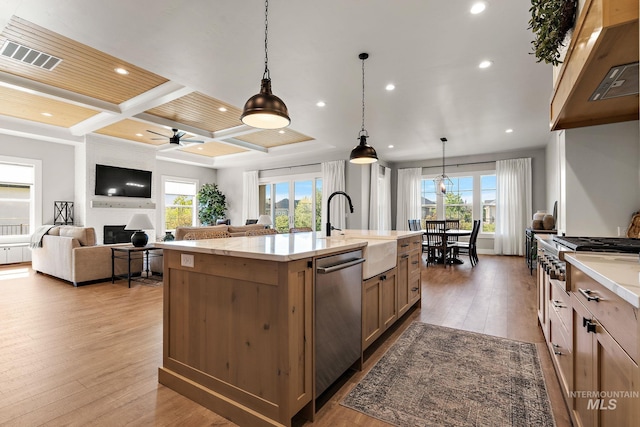 6635 Big Wood Way, Star, ID 83669 - kitchen featuring a sink, appliances with stainless steel finishes, coffered ceiling, healthy amount of natural light, and custom exhaust hood