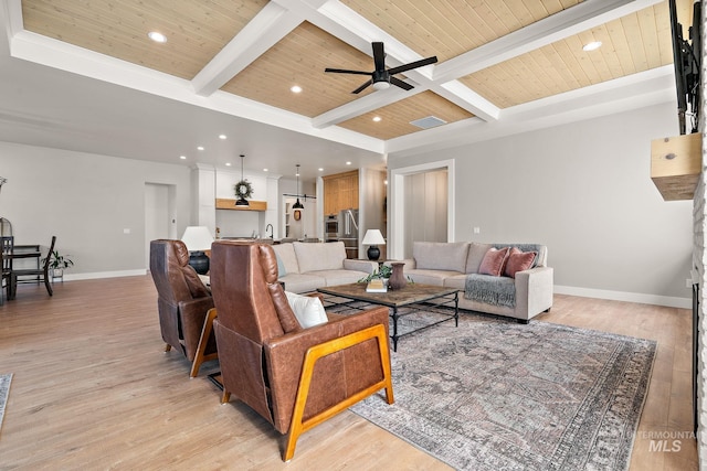 6635 Big Wood Way, Star, ID 83669 - living room featuring light wood-style flooring, baseboards, a ceiling fan, recessed lighting, and wood ceiling with exposed beams
