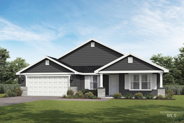 craftsman inspired home featuring a front lawn, stone siding, driveway, and an attached garage