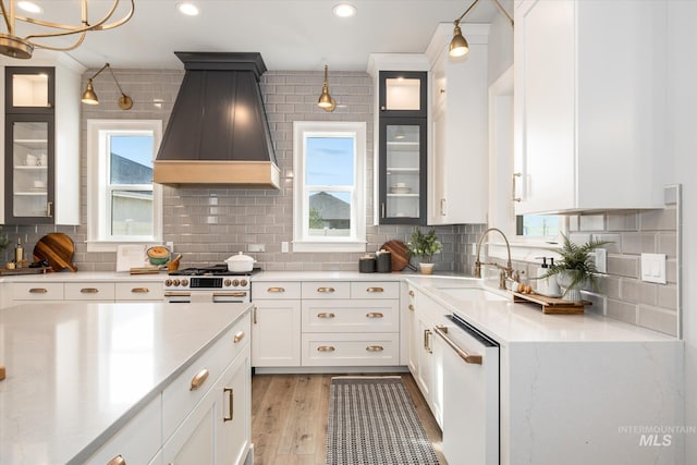 kitchen with high end range, custom exhaust hood, light wood-style flooring, light countertops, and dishwasher