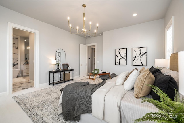 bedroom with an inviting chandelier, recessed lighting, baseboards, and ensuite bathroom