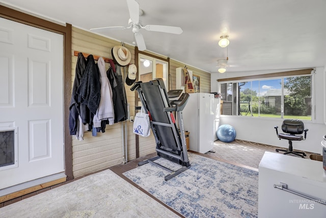 exercise room featuring ceiling fan and wooden walls