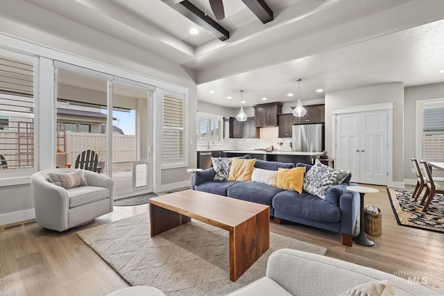 living room with baseboards, visible vents, light wood-style floors, and beam ceiling