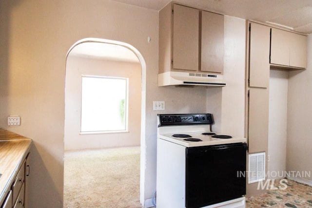 402 S Hayes, Emmett, ID 83617 - kitchen with white range with electric stovetop, under cabinet range hood, arched walkways, carpet, and light countertops