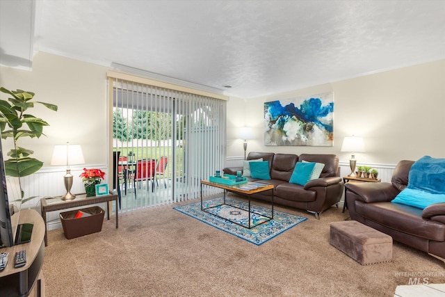 living room with carpet flooring, ornamental molding, and a textured ceiling