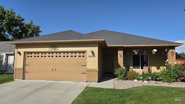 3485 N Chatterton Ave, Boise, ID 83713 - single story home featuring an attached garage, driveway, covered porch, and a shingled roof